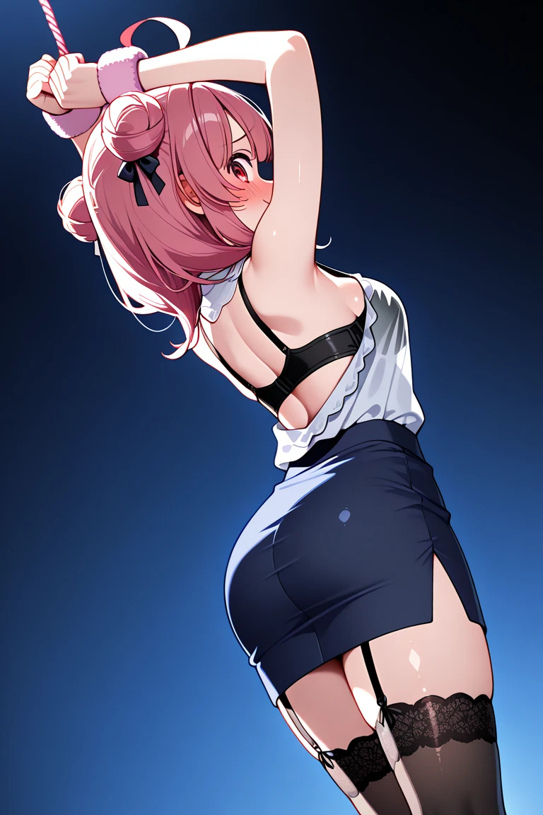 man and a loli sitting on him, bikini panties, skirt, looking back, pov