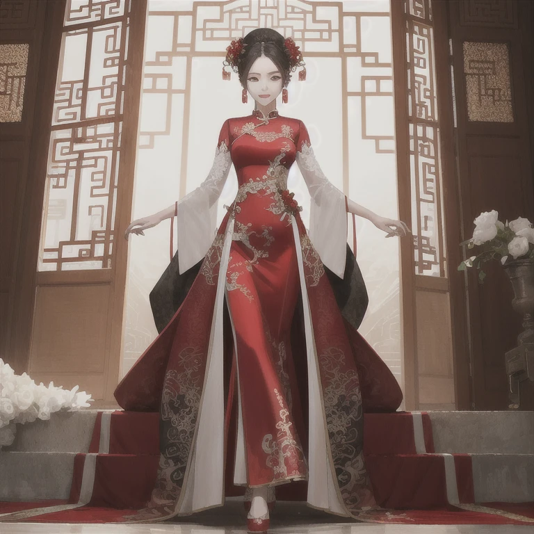 There is a girl in a willow leaf green dress, plum blossoms, palace, oriental architecture ray tracing, {best quality}, { {masterpiece}}, extremely detailed 8K wallpaper, {an extremely delicate and beautiful}, colorful, intricate details, realism, realism, camera quality, (meticulously portrayed clothes), cold white leather, (meticulously portrayed blush), 1080p, sun, soft cute, smooth light silver hair, messy beauty, lighting, broken feeling, skin shiny and silky, 3D stereoscopic, masterpiece, best quality, Illustration super fine, beautiful eyes, very delicate light, fine glow, very fine 8K CG wallpaper, peach blossom eyes, red pupils, an extremely delicate beautiful girl, 8k wallpaper, best quality, full body close-up, white long dress, luxurious silky bright red chiffon flood (illusion, glitter, ultra-thin, soft,) Hanfu