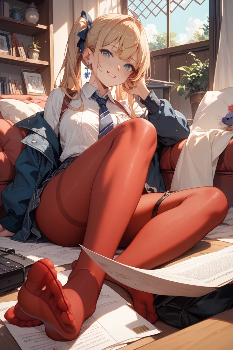 (masterpiece, best quality:1.2), solo, Android 18 from Dragon Ball, ((light gray hooded sweatshirt, Oversized hooded sweatshirt, long sleeve, black thin thigh highs, gray dolphin shorts, knees up, beautiful butt, thighs)), small breasts, blonde hair, (single hair bun), ((blue eyes)), earrings on earlobes, slender feminine figure, skinny body, (reading a book), cleavage, off shoulder, light blush, chill, hot coffee, organized, simple, white-based interior, a few plants, cloudy sky, terrace, magnificent view, blur background, 4K, on the cute chair, (pale blue chair),