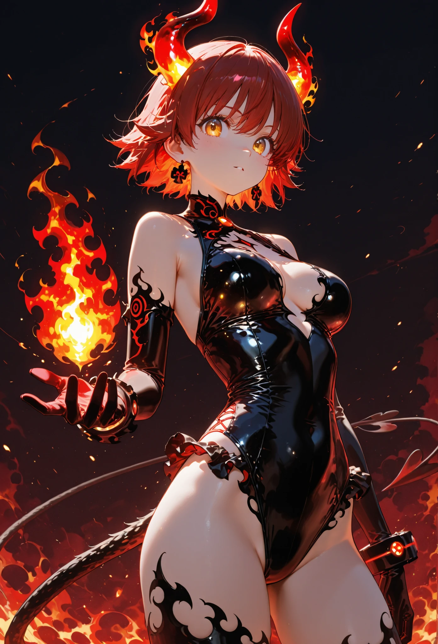 Anime girl with a fire body made out of fire but her private parts are not exposed with a long fire hair made out of fire she has sun mark in her pupils she has a scary smile as she has flaming chains around her her pupils were orange and there was a sun mark inside her pupils as there was only fire around her as she kept a scary smile pulling the fire chains with her hands and a lot of the fire chains is around the place her body made out of fire her hair was fire her skin was fire no body just fire