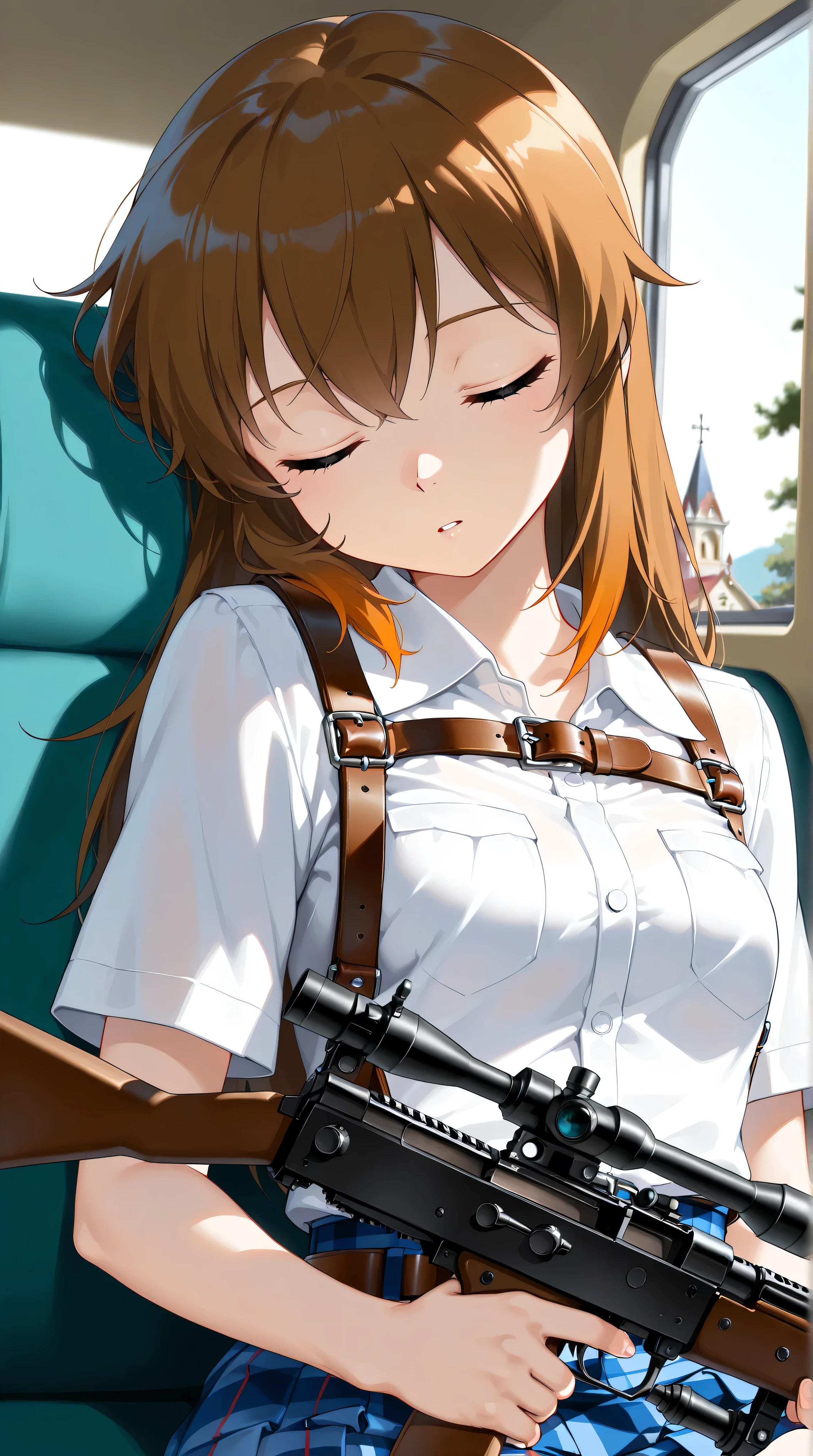 (masterpiece, top quality, top quality, beautiful and aesthetic:1.2),(8k, top quality, masterpiece:1.2), Erotic photos ,Anime,cute,1 girl taking a short break,schoolgirl,Upper body only,small breasts, 1940s JK uniform, Plaid Skirt, sitting,(Crossing the other side), I have dry dirt stains on my face, (((holding a German machine gun MG42,Put a bullet supply belt on your shoulder,Sleeping))),((The background is a church garden on the island of Sicily with a view of the Mediterranean))