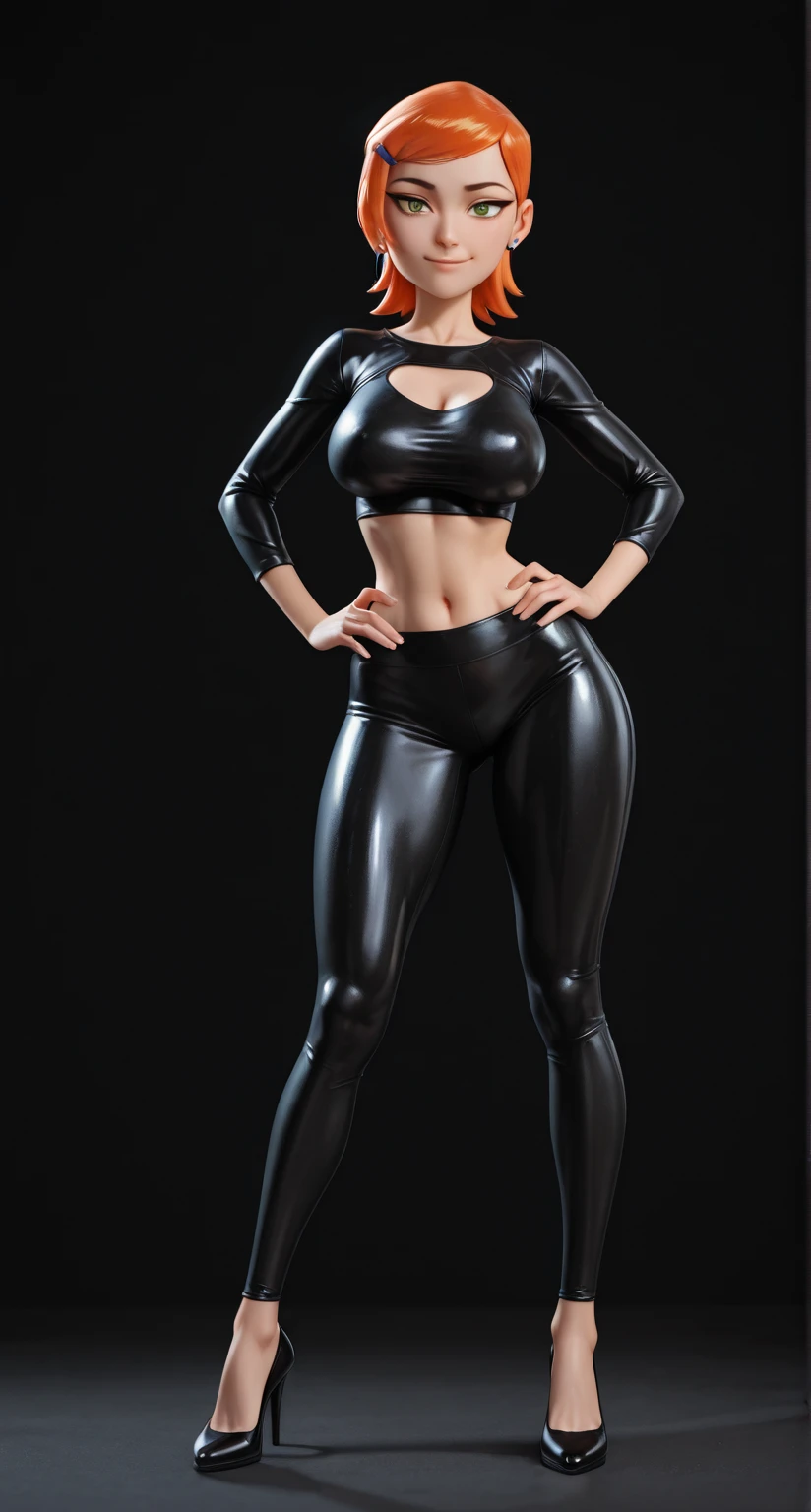 physically-based rendering, (girl alone:1.5), (slim body,huge fake breast:1.4), street city, slim waist, big buttocks, (Full body:1.3), standing, skintight black leggings, (wearing sexy uniform crop top:1.5).
