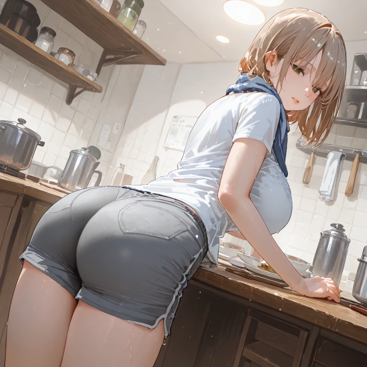 Woman, kitchen, mom bending on kitchen counter, fat ass, juicy thighs, large breasts