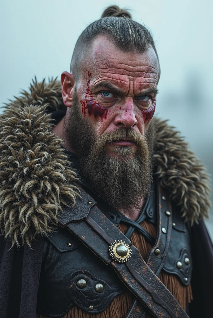 Half Body portrait. A highly detailed and hyper-realistic depiction of a viking Warrior, Floki, ((skinny Body)), with scars and wrinkles on her face. The character is surrounded by mist, evoking a mysterious and eerie atmosphere. The lighting is dark and atmospheric, with a red smoke adding a touch of sinister ambiance. The image is of the best quality, with a resolution of 4k and HDR enhancement, showcasing the utmost level of detail and realism, sfw. (((Thunder background))