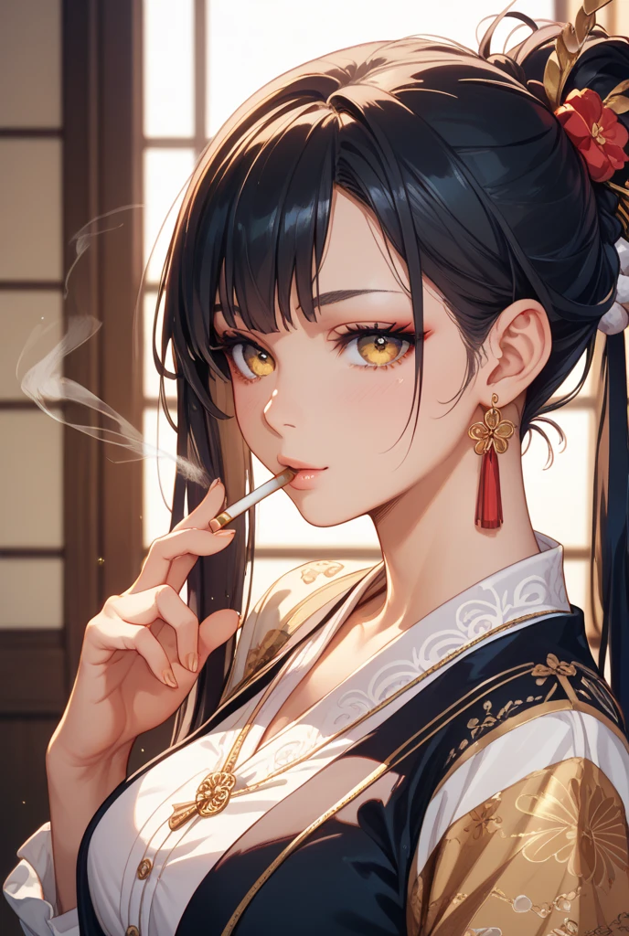 Close-up of a person with a cigarette in his hand, In the art style of Bouwater, ;Open your mouth, Portrait of a woman like Leol, Detailed Anime Character Art, Ishida Sui Art Manga, junko enoshima, Inspired by Amano, Detailed portrait of an anime girl, Written by Ayami Kojima
