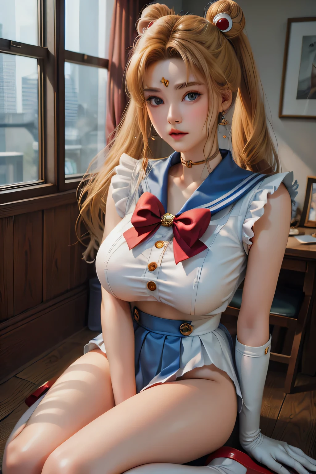 (Tops:1.4), ,masterpiece,Aesthetics by Sailor Moon,Yellow haired girl, (Tops:1.4), ,masterpiece,Aesthetics by Sailor Moon,Yellow haired girl,
bow: Large red ribbon on the chest.
Falda: short and pleated, blue.
Gloves: white, elbow length.
Shoes: red boots
Accessories: Tiaras, earrings, and unique accessories such as wands.,masterpiece, Special Details , There are complicated details.., white panties,big girl ,big breasts,big girl