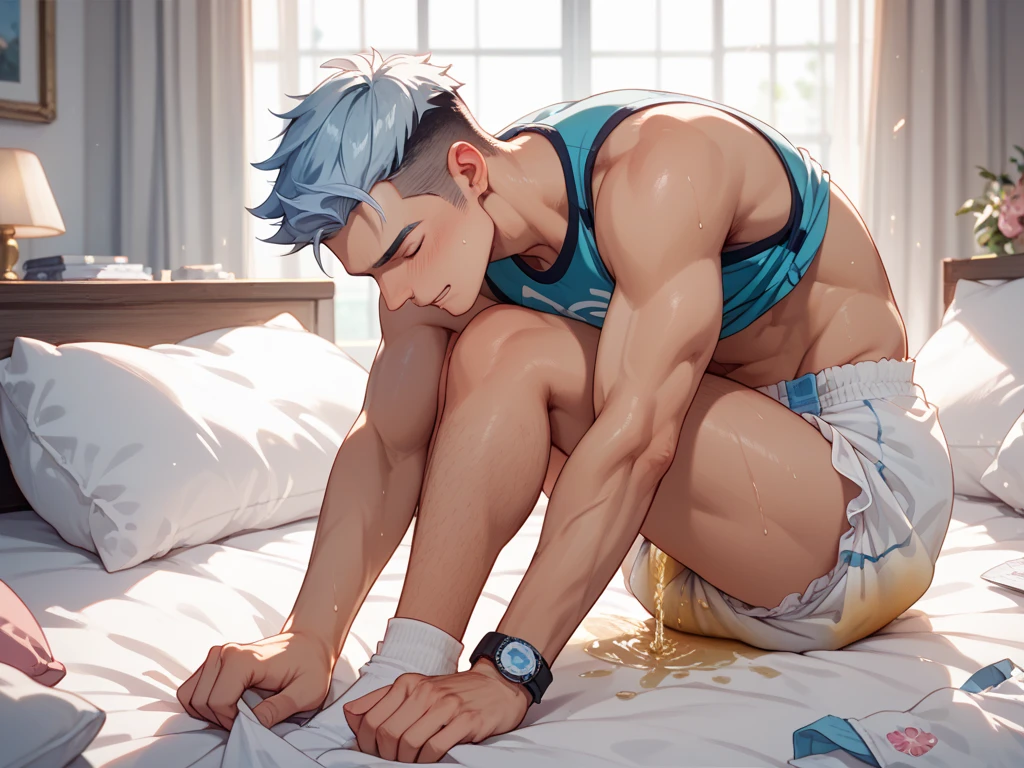 cat ear,blue color eyes,Gray hair,Gray-white hairy long legs。Short-haired men,leisure wear,Abs