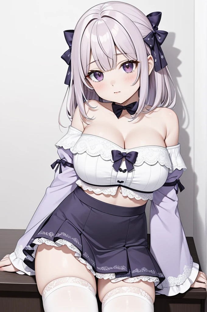 silver hair, (pink ruffled sleevless blouse with blue bow, black short skirt, thigh-high black stocking on right leg), collar, blue eyes, little clothing, exposed skin, bra, navel, ((cute innocent face, open mouth, allure)), [[playful]]], [[[bedroom]]], front-view, [[Leaning forwards]], head down, butt up, arched back, provocative position, cleavage, sexy, arousing, realistic, ((perfect symmetrical body)), (slim hip), soft light, dawn light)), bloom, 1girl, super model body, very slim body, thin, super model body, ultra-detailed CG, 8k, high detailed, realistic, solo, intricate details),