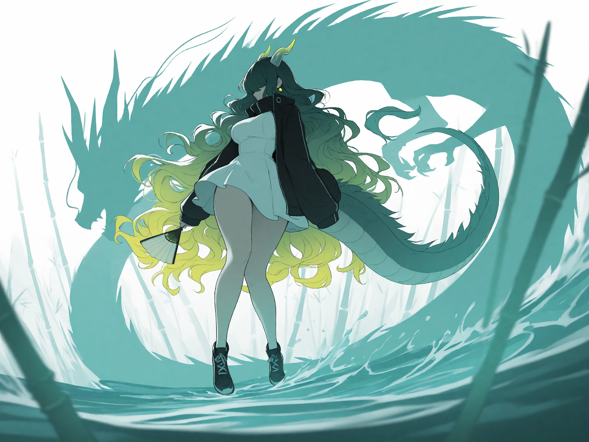abstract, limited palette, flat colors, minimalist style, masterpiece, best quality, ultra-high quality, dark, high contrast, vibrant colors, soft, cinematic, cinematic lighting, cinematic shadows, 1girl, gradient hair, green hair to yellow hair, very long hair, wavy hair, hair over eyes, covered eyes, eyes, , petite, curvy, very cute, dragon girl, dragon horns, dragon tail, jewelry, earrings, black jacket, sleeves past fingers, sleeves past wrists, sleeveless, high collar, white dress, short black skirt, shoes, standing, holding hand fan, open hand fan, (dragon background), aqua theme, water, bamboo, white background, dynamic pose, dynamic composition, dynamic shot, dynamic angle, side view, foreshortening, foreground, blurry foreground, 
