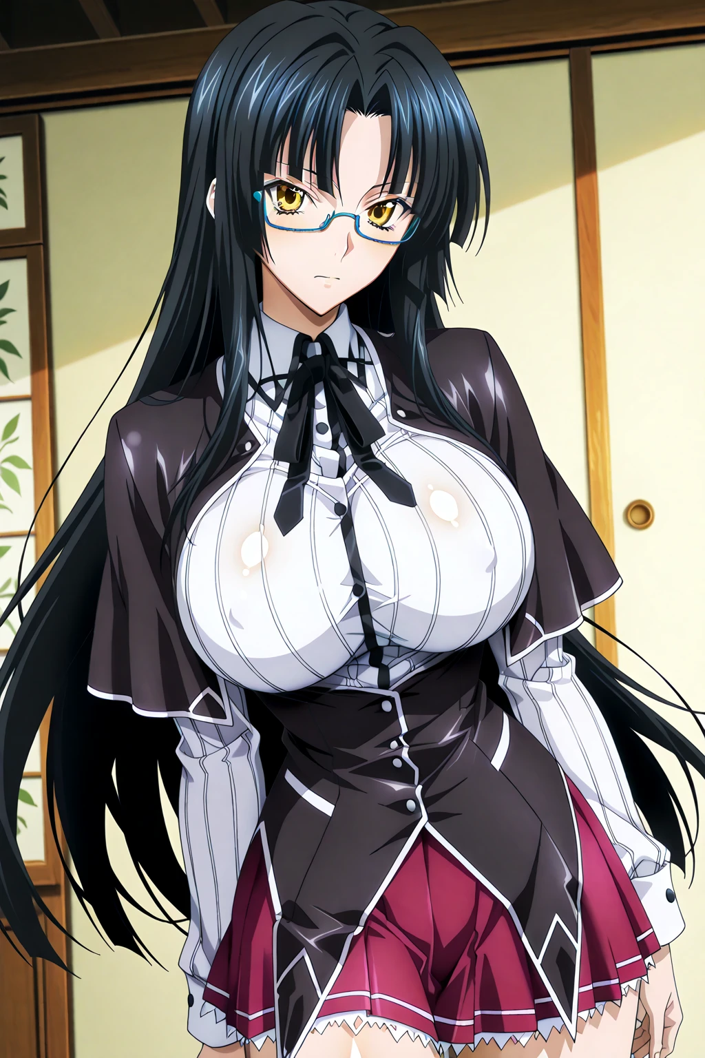 sitting on luxury sofa, luxury window, night city view, leaning on wall, (light tulle sheer wedding dress), wedding veil, See-through pantyhose with white lace ruffles, white lace ruffle garter belt, cleavage cutout, clothing cutout, bare shoulders, (luxury livingroom background), (sunny weather), Litchi Faye-Ling, mature woman, anime cels style, best quality, high resolution, 1girl, (huge breasts:1.2), beautiful face, Beautiful Finger, Beautiful long legs, Beautiful body, Beautiful Nose,Beautiful character design, semi-rimless eyewear, black hair, very long hair, ponytail,Bangs,purple eyes, (cowboy shot), smiling, looking at viewer, pov from below