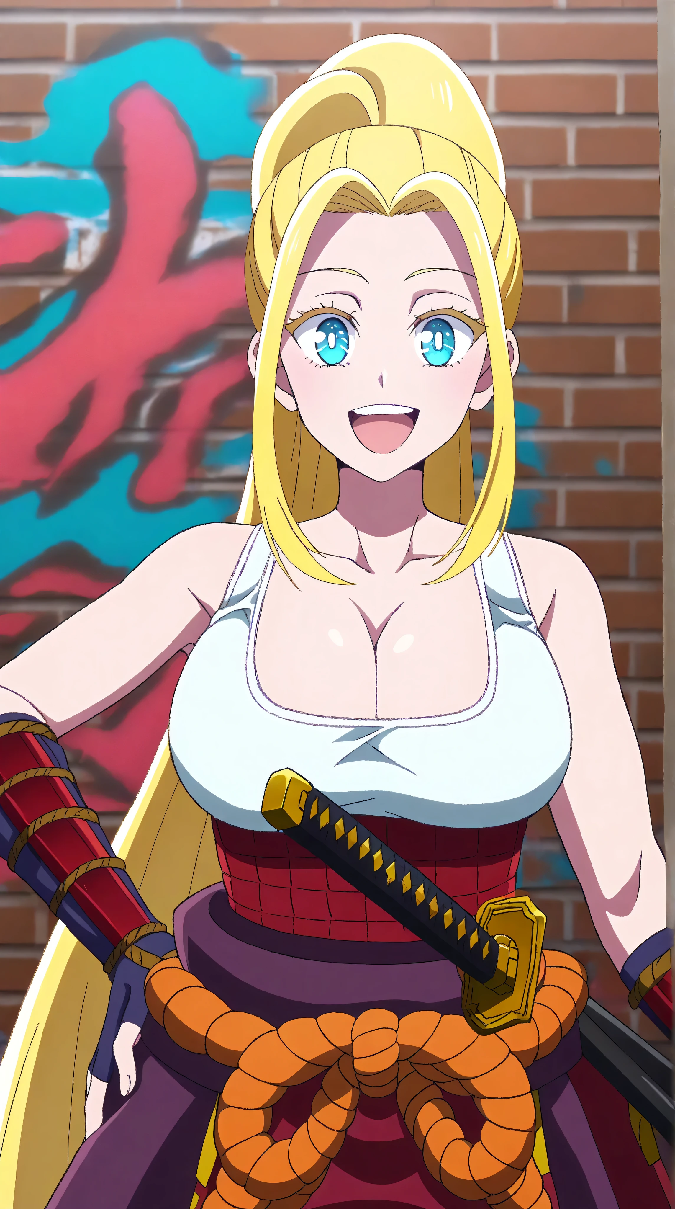 Best quality, high resolution, Sky, Upper body, (huge breasts:1.2), Beatrix Amerhauser, Long hair, blue eyes, blonde hair, Ponytail, Gloves, Fingerless Gloves, armor, Japanese armor, T-shirt , white tank top, cleavage, collarbone, blush, happy, smile, open mouth, looking at viewer, pose, large round breasts, wide thighs, wide hips,