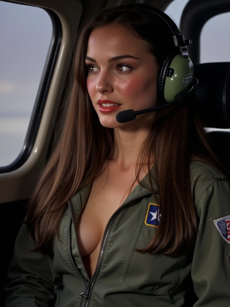 hyper photorealistic, Sweet European woman, In front of the biplane, (18 years), (Detailed face and eyes), full-length portrait, (extremely sexy), Masterpiece, pleasure, nudist, small breasts, expression enjoyment, Pin-up style, Aesthetics of the 40s, Cinematic lighting, light hair, pilot's cap, little smile, fine facial traits, slim physique, polaroid photo, (Depth of field), Cinematic