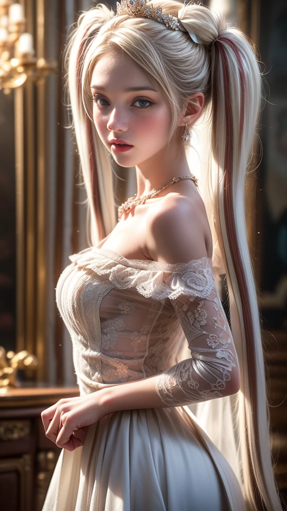 Full shot,Top quality, masterpiece, 1 girl, beautiful face, (photo accuracy: 1.3), local illumination, (high definition skin: 1.2), 8k ultra high definition, multi-single computer, high quality, high definition, 8k,32k, white hair  maximum length :1.8,HD:1.8, Landscape, steampunk, Best proportional four fingers and one thumb, (Density: 1.3), Dazzlingly beautiful 1 girl, Wearing an ultra-short sheer organza dress with a deep neckline and a sexy neckline, Medium bust, Short  sleeve, high-definition: 1.9, stilettos are white, with gold patterns, high-definition: 1.9. --auto --s2