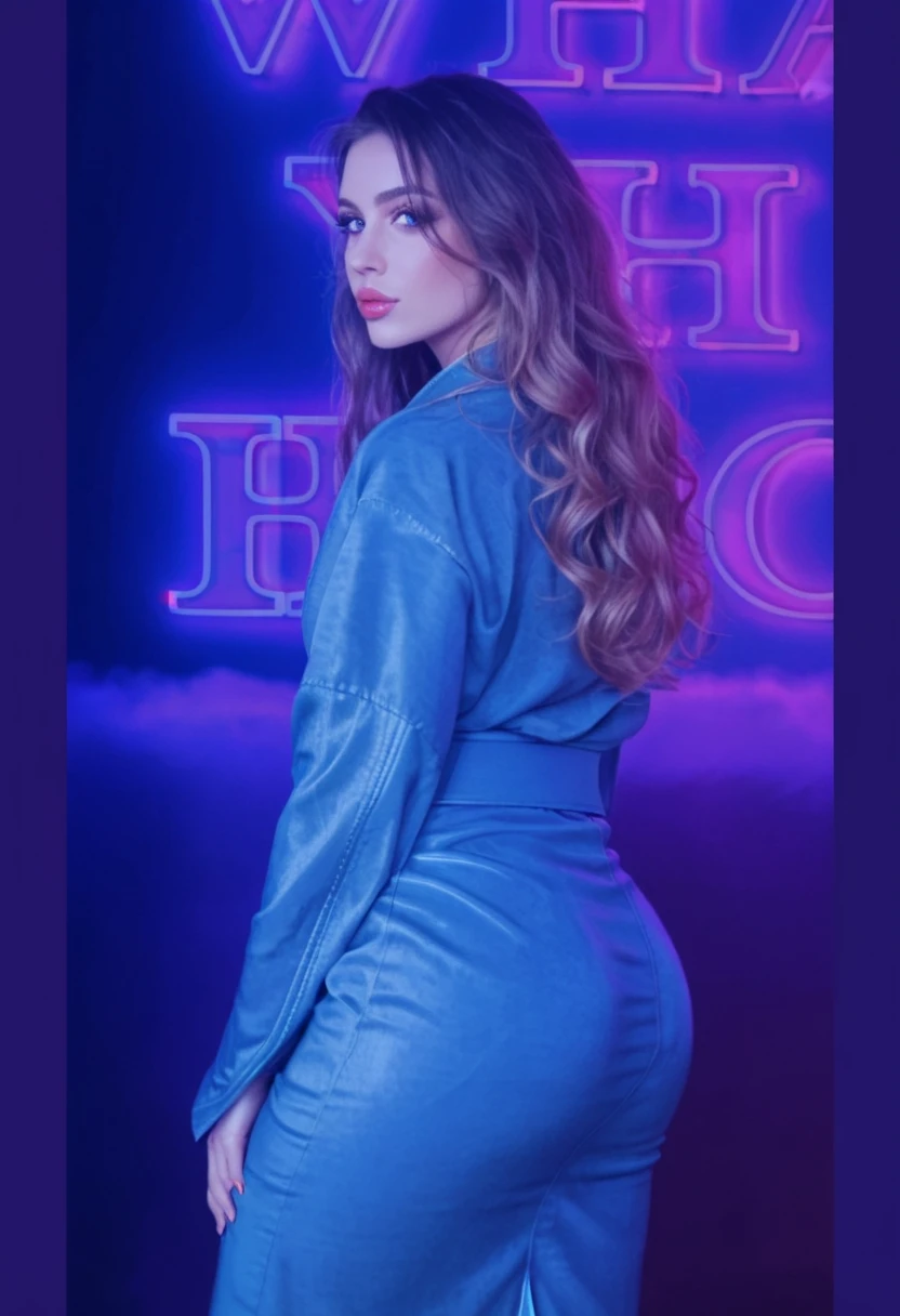 photography of a 20yo woman, romatic, perfect face, masterpiece, bra, underwear, red_bra, jacket, yellow _panties, curved big ass, astrological night background with stars, sky with neon blue and purple colors, realistic but romantic modern background,