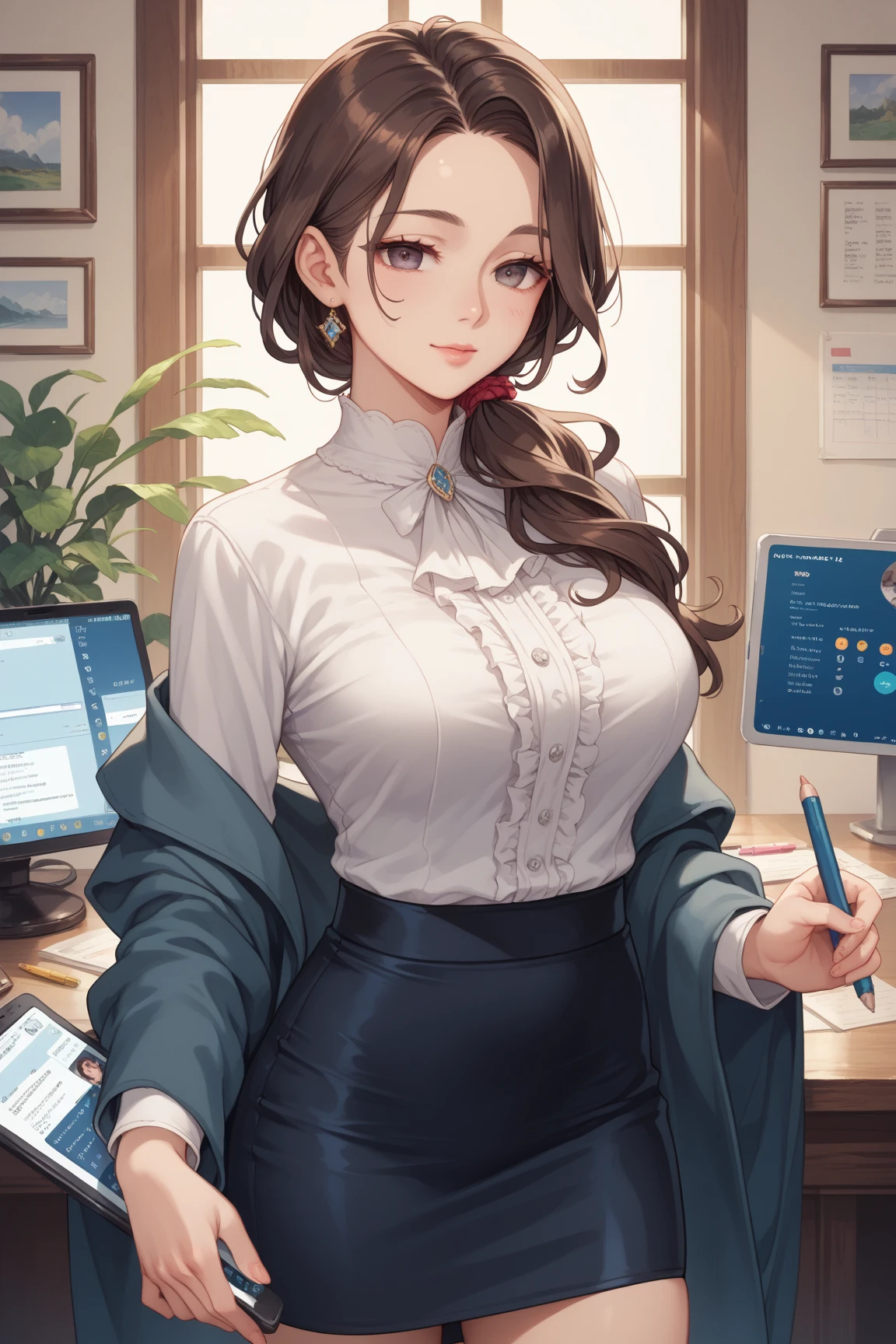masterpiece、High resolution 8K、Browsing Caution、Sharp focus、Contrast lighting、Fine skin、Flying debris、 highest quality、Ultra-high resolution、Ultra-high resolution、Detailed CG、stock exchange、Large office room、Numerous large monitors、Desk computer、transaction、document、stock、Chart Screen、Male office lady facing sideways、A woman is sitting on a chair、Beautiful Eyes、(Detailed Faces and Faces:1 2)、Narrow eyes、Almond Eye、Brown eyes、Eye Gradient Eye Highlight:1.2)、(Light reddish brown hair、middle、Asymmetrical bangs)、(ID card、Shortage of office wear blazers、White dress shirt、Black pencil skirt、pumps)、(Fuller lips、gross、Glossy lips、Small breast size) 、(Oval Face : 1.4)、(Thin fingered arms、Detailed human hand)、Half-laugh、Teeth are visible