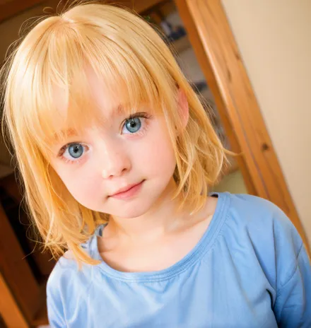 a close-up of a long-haired blonde child sitting on a drum set, luzes de fundo azuis, Laser azul.