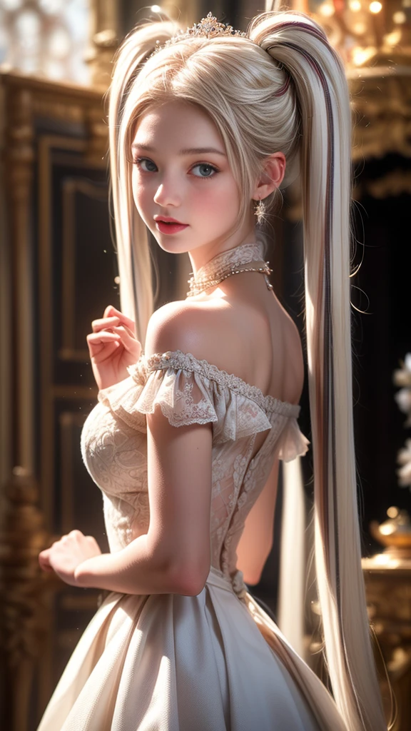 (tmasterpiece:1.2), (best qualtiy:1.2), perfect eyes, s the perfect face, Volumetriclighting, 1girll, Now sexy and mature, , gossamer dress,Clothes open, blond hairbl, pauldrons, Top employees, stern expression, fanciful, exteriors, detailed back ground, putting makeup on, lipsticks, eye shadows, mascara, thick eyeslashes,full bodyesbian,embarressed,