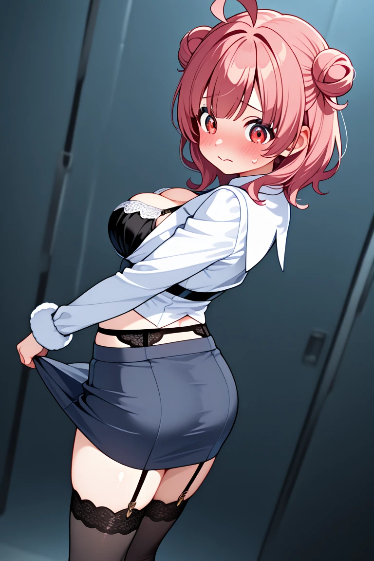 A 14 school girl, Fit short skirt, with school uniform, small top showing her stomach, fit short skirt, fit top, showing her stomach, blashing face one blue