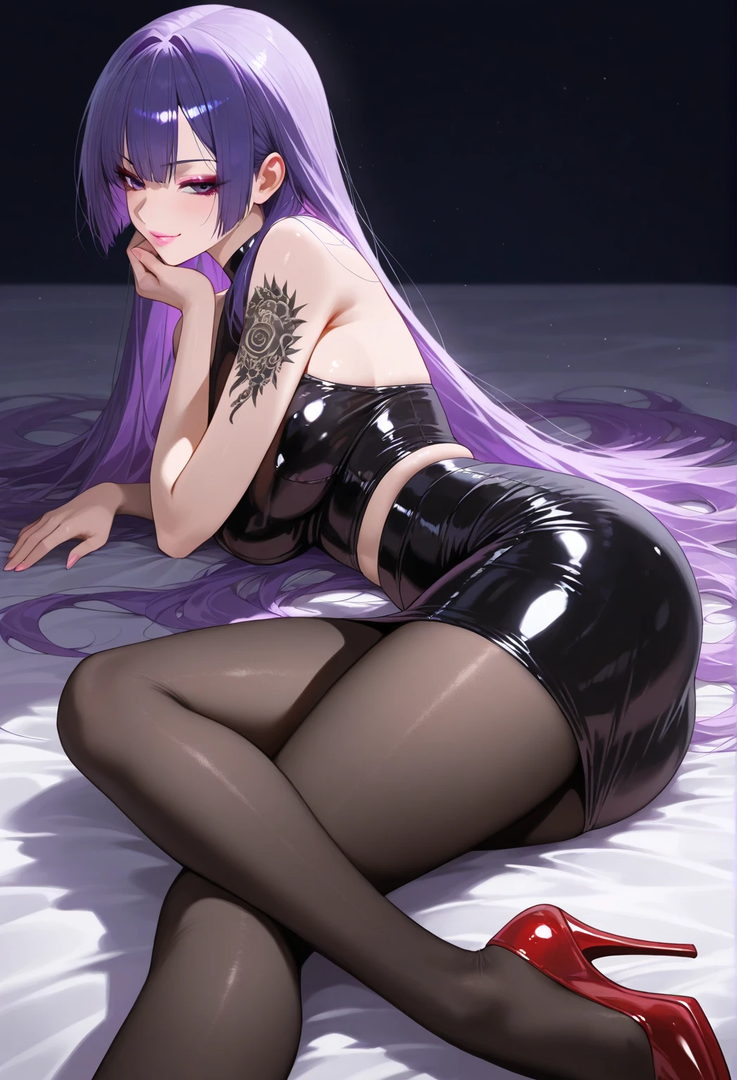 anime, best quality, high quality, highres, beautiful women, high detail, good lighting, ????, ??????, (((bike shorts))), (leather halter top), (bare midriff), (cameltoe), (((leather thigh high heel boots))), (wet shorts), (((wetting herself))), (((peeing herself))), (((peeing self))), (pee streaming down legs), peeing stain, (puddle), (thick thighs), nice long legs, lipstick, detailed face, pretty face, humiliated, embarrassed, ??????-like clothing