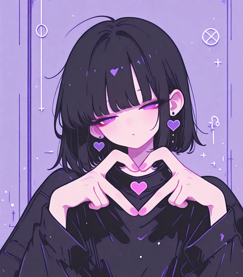 punk, cool beauty, solo woman, black hair, slender body, half-closed eyes, rest, Japanese exotic fashion, Zen motif room, geometric, heart hands,