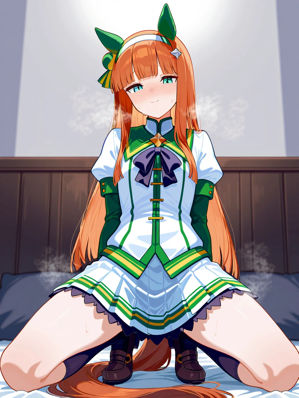 masterpiece, best quality, highres, aasuzuka, long hair, animal ears, ear covers, white hairband, horse tail, green sailor collar, black bow, white shirt, layered sleeves, green sleeves, black gloves, white skirt, black pantyhose, grass, wariza, sweat, shoes,((((nsfw,spread legs,vaginal,sex,woman on top))))