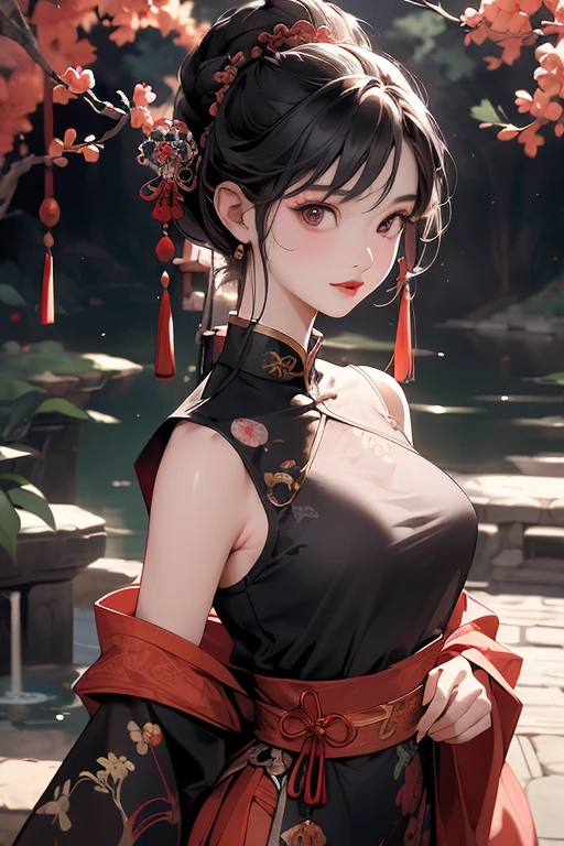 Young girl black hair black eyes cyberpunk high quality masterpiece high detail half body photo Chinese style with tattoos wearing cheongsam with full hair exposed