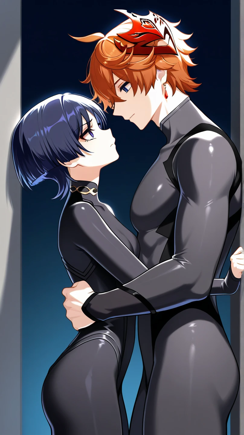 (Best Quality,4k,8K,hight resolution,Masterpiece:1.2),Ultra-detailed,(Realistic,Photorealistic,photo-realistic:1.37),Fantasy,a boy and a girl(rinko_iori, naked body,  huge breasts), Standing side by side,Boy with short red hair,Girl with long dark blue hair,Location in the courtyard. Naked body. Nude. em. in a bedroom,. the kiss. Guy kisses girl. The girl tries to resist by pushing the guy's chest, but it's no use.. GIRL LONG DARK BLUE HAIR. Guy with red hair. ((Guy with red hair)) A guy with short hair. the kiss. Dynamic posture. Pumped Up Guy. forced kiss. Passionate kiss