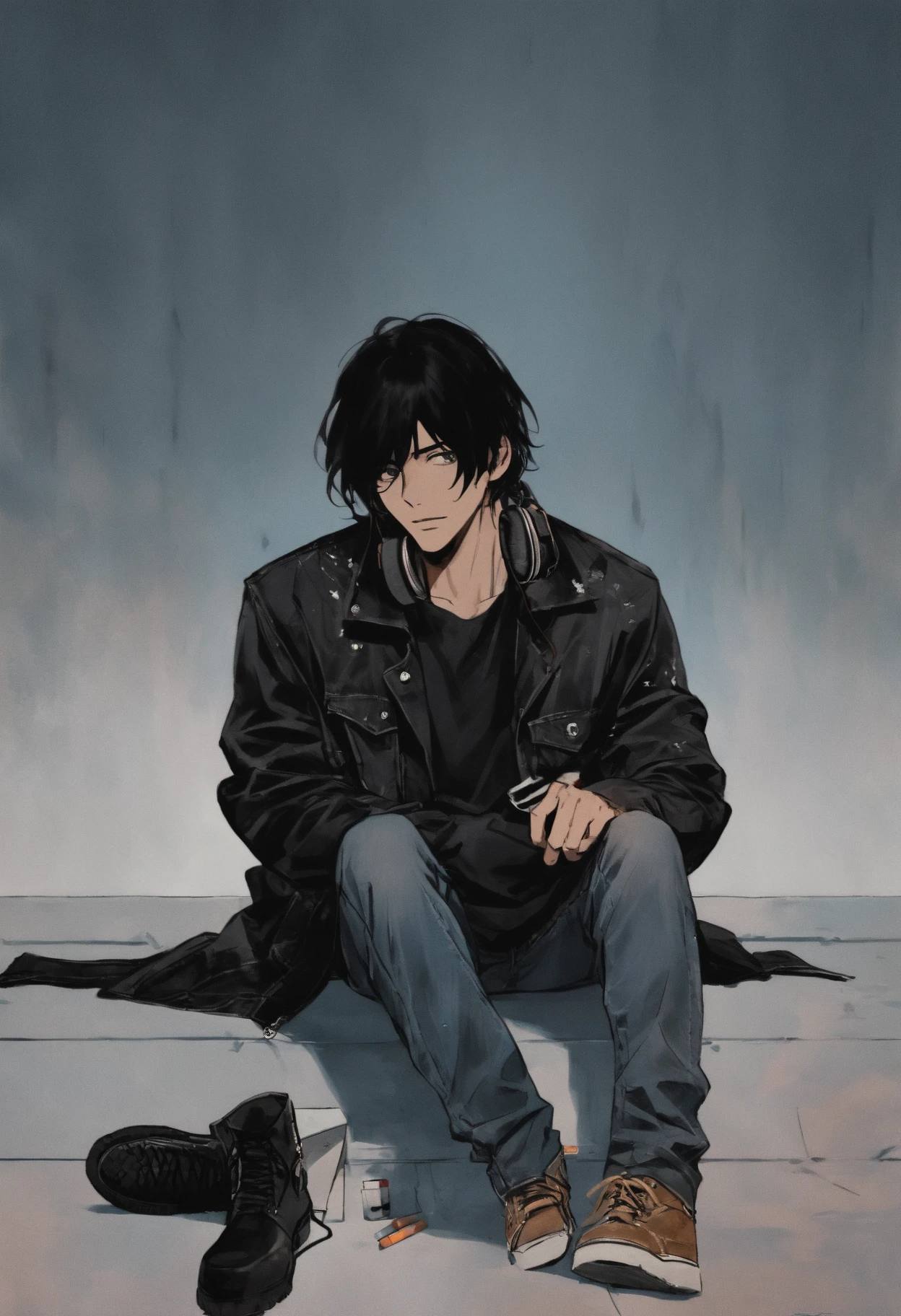 Constantine, man sitting on the floor, smoking a cigarette, dressed in a suit, black tie, broken glass on the floor, leaning against a wall, dark and gloomy scene