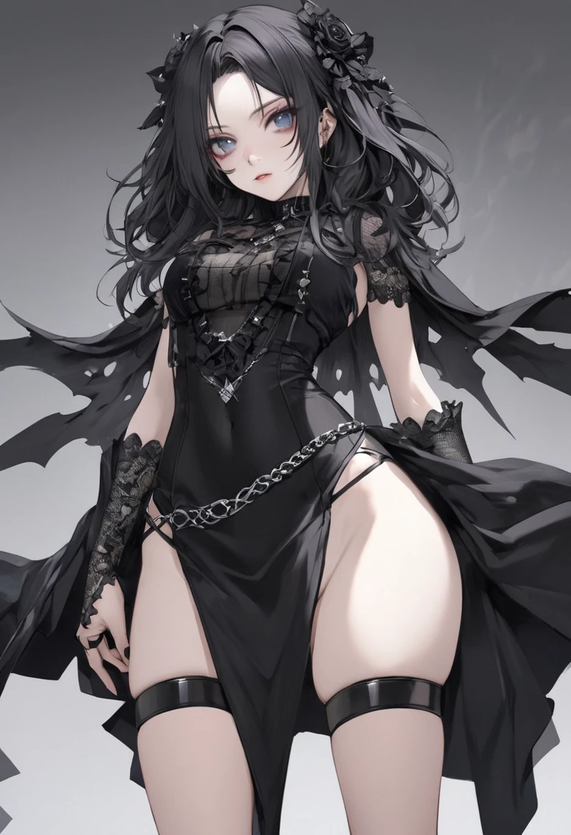 Black hair, bangs, curtained hair, crossed bangs,Messy hair, pony tails,curtained hair, crossed bangs,Messy hair, pony tails,Big hair, (((Long enamel boots、garter belt))), hair ear, hair tying, hair flaps, widow peak, head gear, Hair ribbon, kanzashi, hairpods, white hair ribbon, Moles under eyes, Raised eyebrows, eyeball, Evil smile, crazy, Shy, scowling, jitome, gloom (expression), Seductive smile, anime big breast, Minimalism, Anime style, ((Big breasts and ass)), Minimalism,hyper HD, retinas, Masterpiece, ccurate, Textured skin, Super detail, High quality, High details, Award-Awarded, Best quality, A high resolution, 16k, hyper HD, retinas, Masterpiece, ccurate, Super detail, High quality, High details, Award-Awarded,A high resolution, 16k((Leather Gothic Lolita Fashion))((Old cityscape background))((Photograph the whole body))((Shiny Costumes))((tand in a back alley at night))