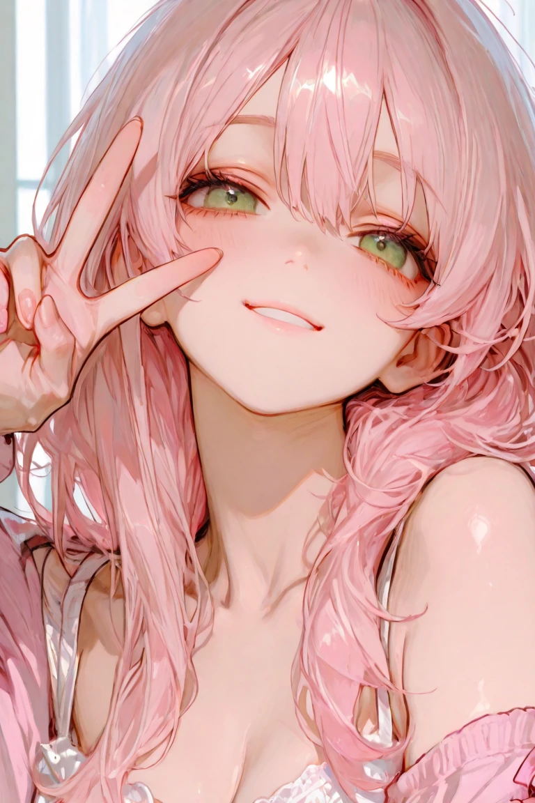 (masterpiece, best quality:1.4), 1 girl, 独奏, Off-white pupils, Blurred eyes, Close your left eye, Smile, Look up and down, Pink lower lip, peace gesture, Pink short hair, Messy hairstyle,  Royal sister, large breasts, Pink loose shirt, Vision, black background.