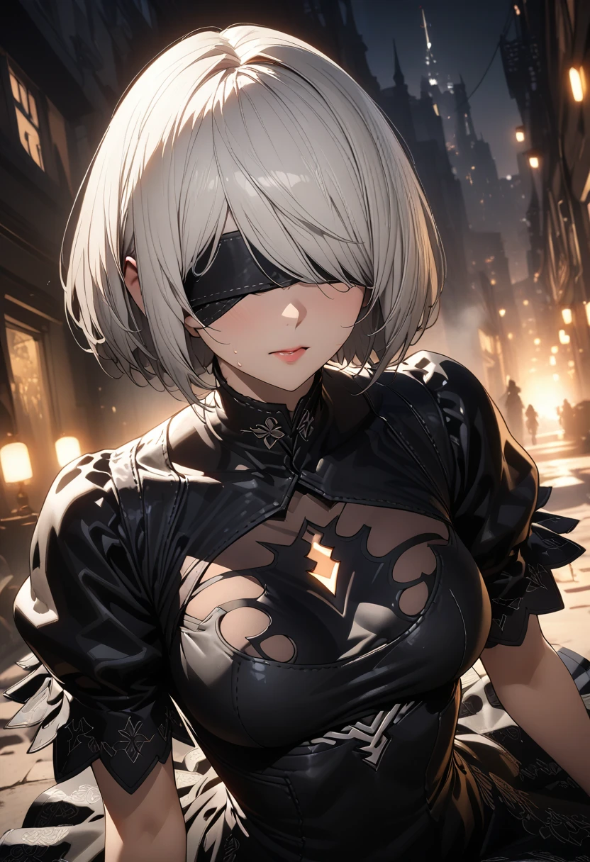 1girl, \(masterpice:1.3\), highres, high-detailed, high quality, \(solo\), 4k, cg, pixiv, \(perfect face and eyes\), detailed face, dynamic light,  intense shadows, intricate_details, hm2b, black blindfold, white hair, short hair, covered eyes, mole under mouth, clothing cutout, long sleeves, puffy sleeves, juliet sleeves, feather trim, black thighhighs, black gloves, black dress, black skirt, city, ruins, nature, empty city, sexy, sensual, big breast, cleavage