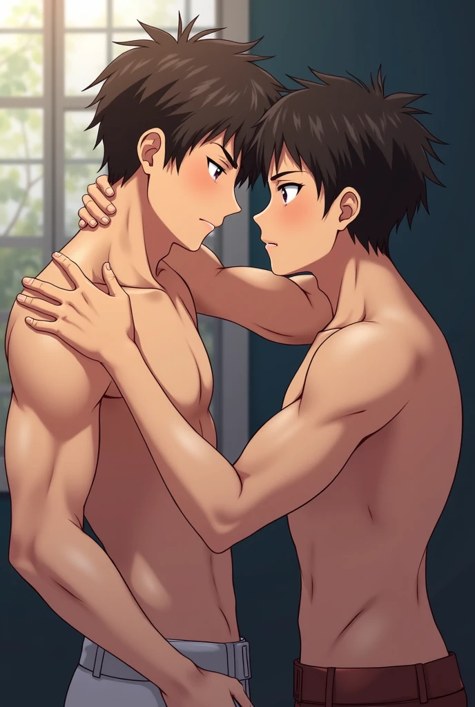 masterpiece,best quality,full naked body view,2 naked boys hugging each other,kiss,Body shape difference,young people,tall,muscular,naked,age gap, size gap, long big fat dick, erection, dropping semen, Handsome,detailed faces, no pants,barefoot, nice big butts, exquisite eyes,intricate detailessy brown hair,The background is in the house,complex patterns,Best light and shadow,plant,dappled sunshine,During the day,depth of field,summer,artistically,rich and colorful