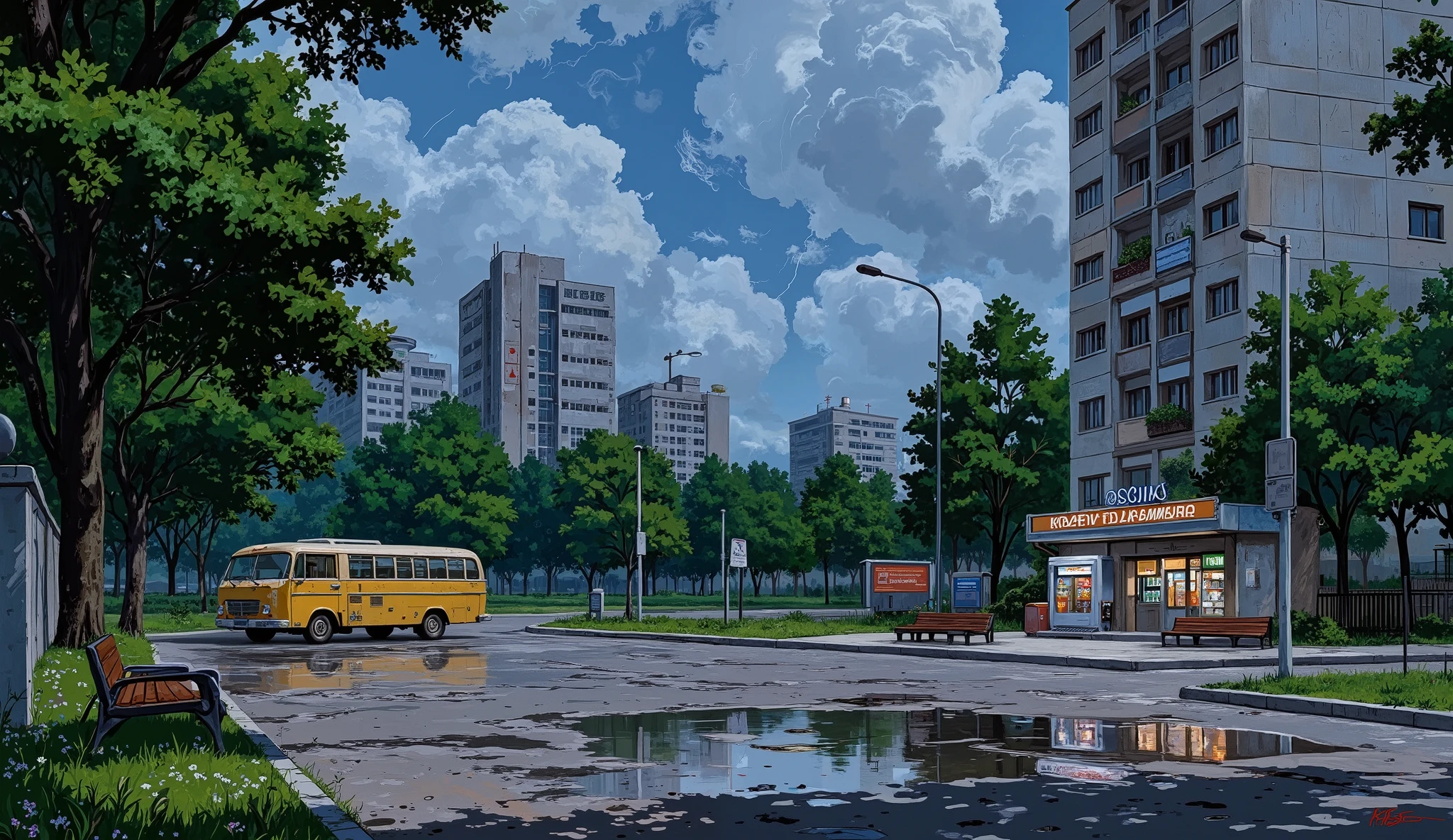 landscape, street, USSR vibes, panel buildings:2.5, panelki:2.5, many floors, many green trees, night, summer, puddles on the asphalt, cloudy:1.5, grass, crossroad:1.5, cracks in the asphalt:0.5, soviet-style concrete fence:0.15, flowers:0.25, constructivism, without sun, street lighting poles:0.1, deserted, empty streets:1.5, soviet store, khrushchevka, soviet soda machine:1.5, benches, a yellow bus is parked at the side of the road