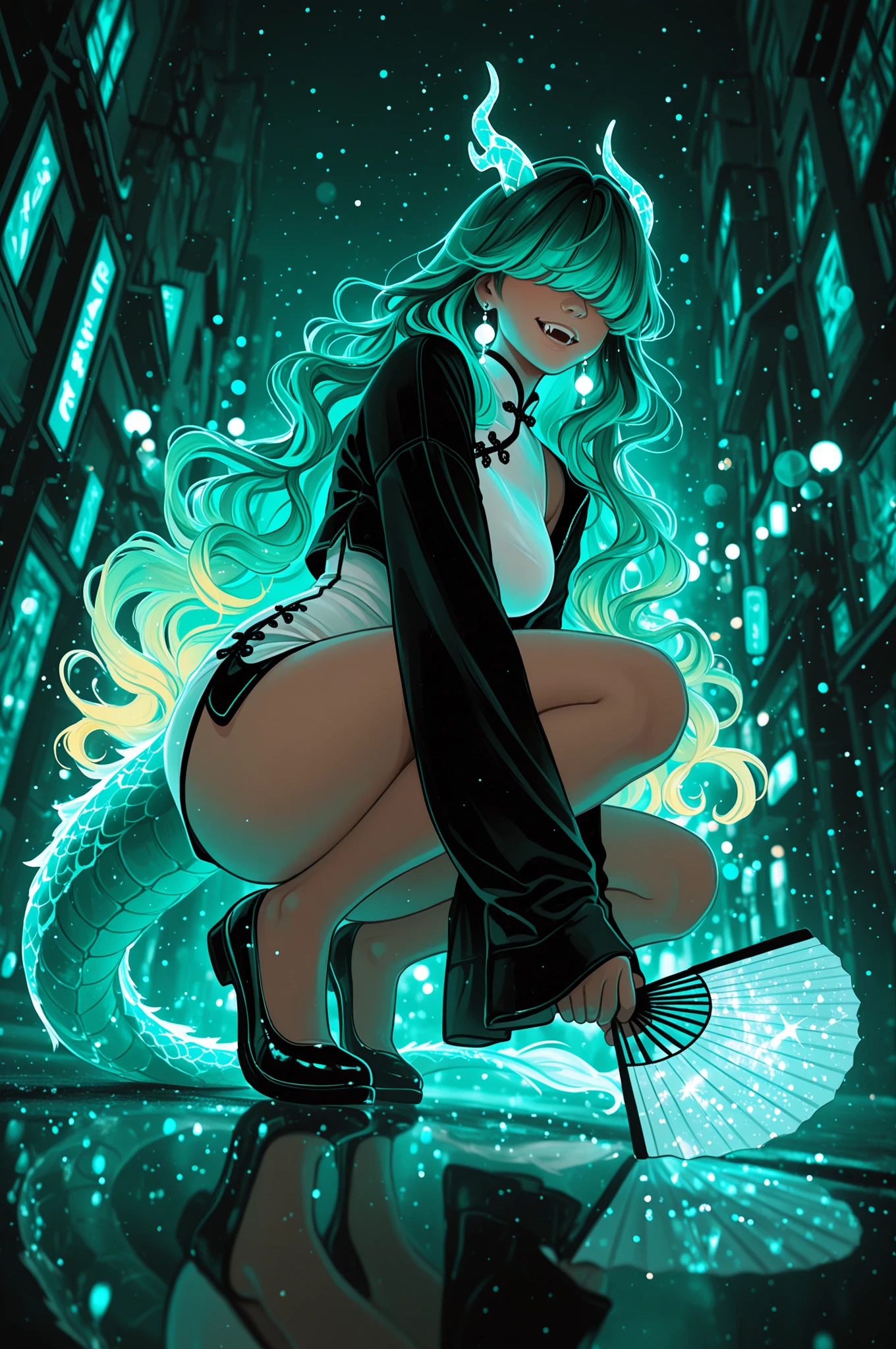 xneocyan, abstract, limited palette, flat colors, minimalist style, masterpiece, best quality, ultra-high quality, dark, high contrast, vibrant colors, soft, cinematic, cinematic lighting, cinematic shadows, 1girl, gradient hair, green hair to yellow hair, very long hair, wavy hair, hair over eyes, covered eyes, eyes, , petite, curvy, very cute, dragon girl, dragon horns, dragon tail, jewelry, earrings, chinese style clothes, black jacket, sleeves past fingers, sleeves past wrists, sleeveless, high collar, two-tone dress, white dress, short black skirt, shoes, aqua theme, holding hand fan, city street, glowing, glowing_effect, sparkling, particles, sparkle_effect, light_particles, glitter, glitter_effect, bokeh, light_bokeh, light_reflection, leaning forward, squatting, smile, fangs, dynamic pose, dynamic composition, dynamic shot, dynamic angle, side view, from below, foreshortening, foreground, blurry foreground,