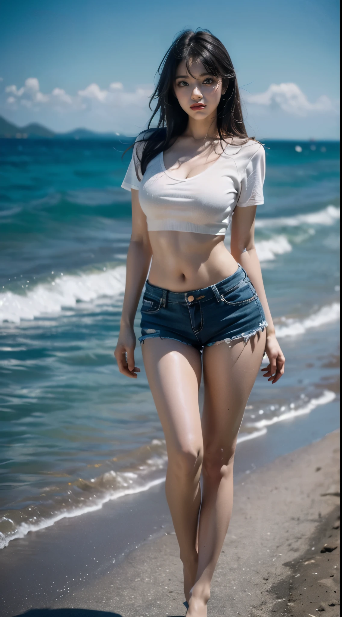 best quality, masterpiece, (((high resolution))), 8K, (Practical: 1.4), Ultra high resolution, 1 girl, Super detailed, 超Reality主义, Highly detailed CG illustrations, Official Art, light, Reality, young beautiful girl, Perfect body, Perfect body, full view, Perfect body, (start from below: 1.3), mask, posture, Sexy long legs, confident, Beautiful and sexy, Short sleeve, open belly, Super shorts, S-Shaped Body, Upturned buttocks, Assumptions, 摆posture, Different perspectives,Bright colors,on the beach,((((Clear details)))),uhd, accurate, masterpiece, textured skin, super detail, high details, high quality, best quality, highres