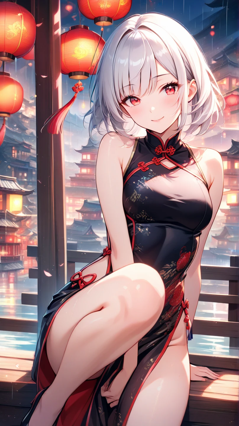 masterpiece, the best, night, full moon, 1 adult woman, solo, Chinese Architecture, cheongsam, China costume, Royal sister, cold face, Poker face, woman with long silver hair, light pink lips, fishnet stockings, calm, intellectuals, Three bangs, lace gloves, grey eyes, lake view, facial details,