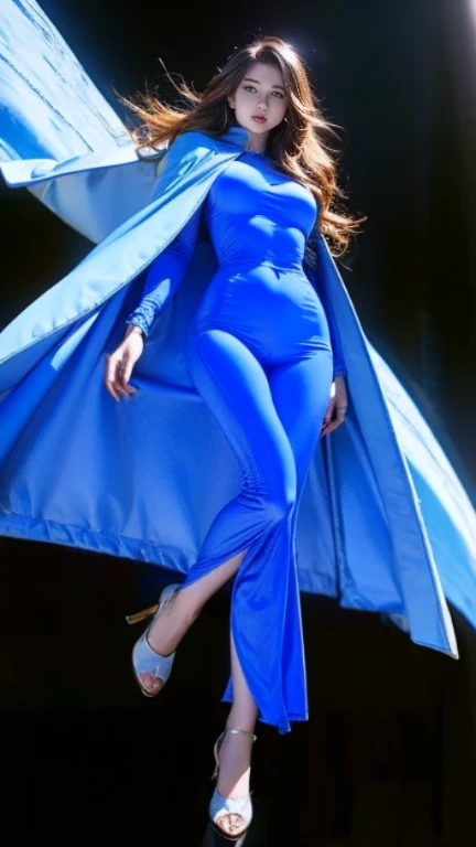 a pretty woman, 42 years old, Brown hair, pretty face, blue dress, black riding boots, giantess, POV shot, lifts her right foot, Boot sole, FULL BODY shot 