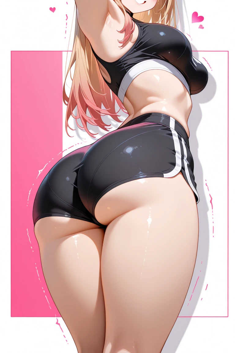 masterpiece, Highest quality, In detail, High resolution, Very delicate and beautiful, One girl, Long curly brown hair, Curly pigtails, Pink Eyes, Big eyes, Preppy, pink horn, Blushing, Yellow Eyes, cute, Candy Theme, Background candies, Angry face, Heart Theme , Black clothes, Pink and black outfit, woman, sexy, devil, horn, Show off your breasts, Big Lips, Pink Background, Leather clothing, (Huge breasts), Tight waist, (bikini:1.2), (room), Action pose, (Huge Ass), (Huge thighs), Thigh-high socks, colorful