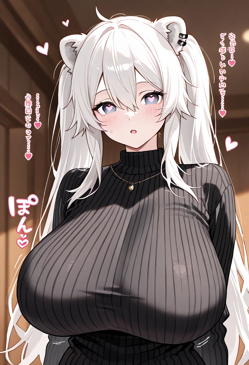 slender, mature female,1girl, blush, rating:safe, solo, breasts, sweater, looking_at_viewer, large_breasts, sleeveless, open_mouth, bare_shoulders, sleeveless_turtleneck, long_hair, jewelry, sweatdrop, smile, nose_blush, heart,mole, :d, nail_polish, earrings, ring,