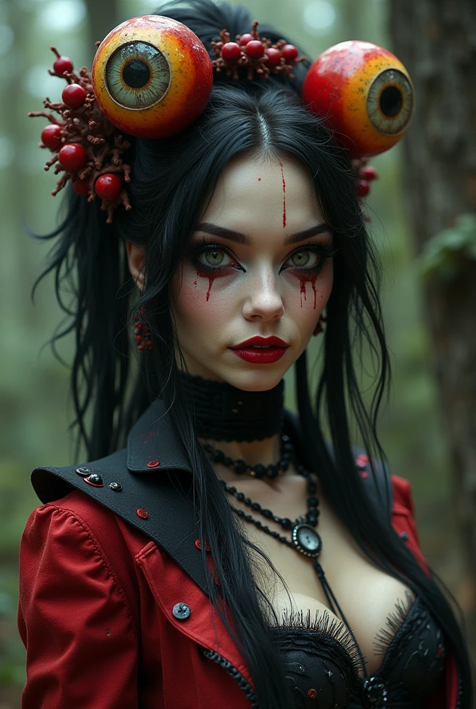 ((Intricate details)),dark fantasy style, GLOOMY AMBIANCE, (Beautiful succubus girl, Long hair), (Beautiful symmetrical blue eyes), (Sexy black lace outfit), (Red leather jacket), (Orange tulip flowers), cool, Various shades and gradients, Clear focus, Dynamic poses, (Ed Blinky's magnificent paintings, Artie Guerin, author:Jeremy Mann, Greg Manches),(The work is set against a backdrop of magnificent buildings that combine classical and Gothic styles.)