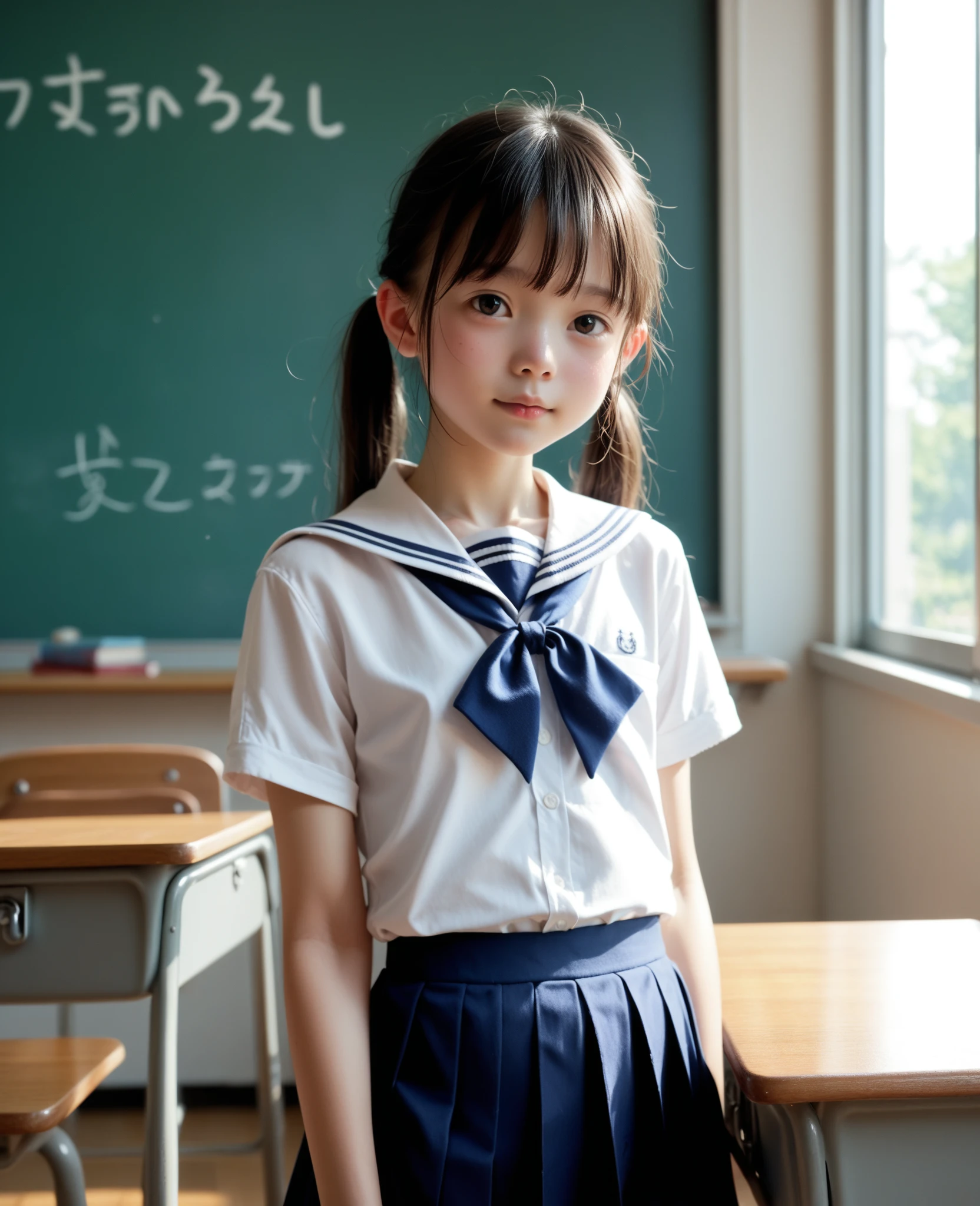 Highest quality, Face Focus, Soft Light, Ultra-high resolution, (Realistic:1.4), RAW Photos, 1 Japan, alone, cute, (A shy smile:0.5), (Brown eyes, Light in your eyes), Beautiful face in every detail, (Small box),(High resolution detail of human skin texture), (Short Bob Hair), break, In the classroom,Navy uniform, Best, skirt