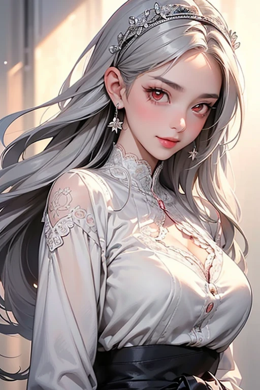 ((masterpiece:1.5、8k、Portraiture、Photorealistic and very detailed CG、Very detailed、Particle Effects、Dynamic Effects、Shallow depth of field、Cinematic Light、Lens flare、Ray Tracing、Tabletop、Realistic:1.4、Ultra-high resolution:1.2、Realistic、Realistic))((alone、Woman wearing a cashmere coat:1.4、Elegant woman posing、Detailed face、brightexpression、young, bright, Whiter skin、Ample breasts、Beautiful cleavage、Best Looks、Ultimate beauty、Shiny silver hair with highlights、bright and shiny hair,、Super long, Silky straight hair、Hair dancing in the wind))(morning、The setting is outdoors in the snow、Surrounded by illuminations)