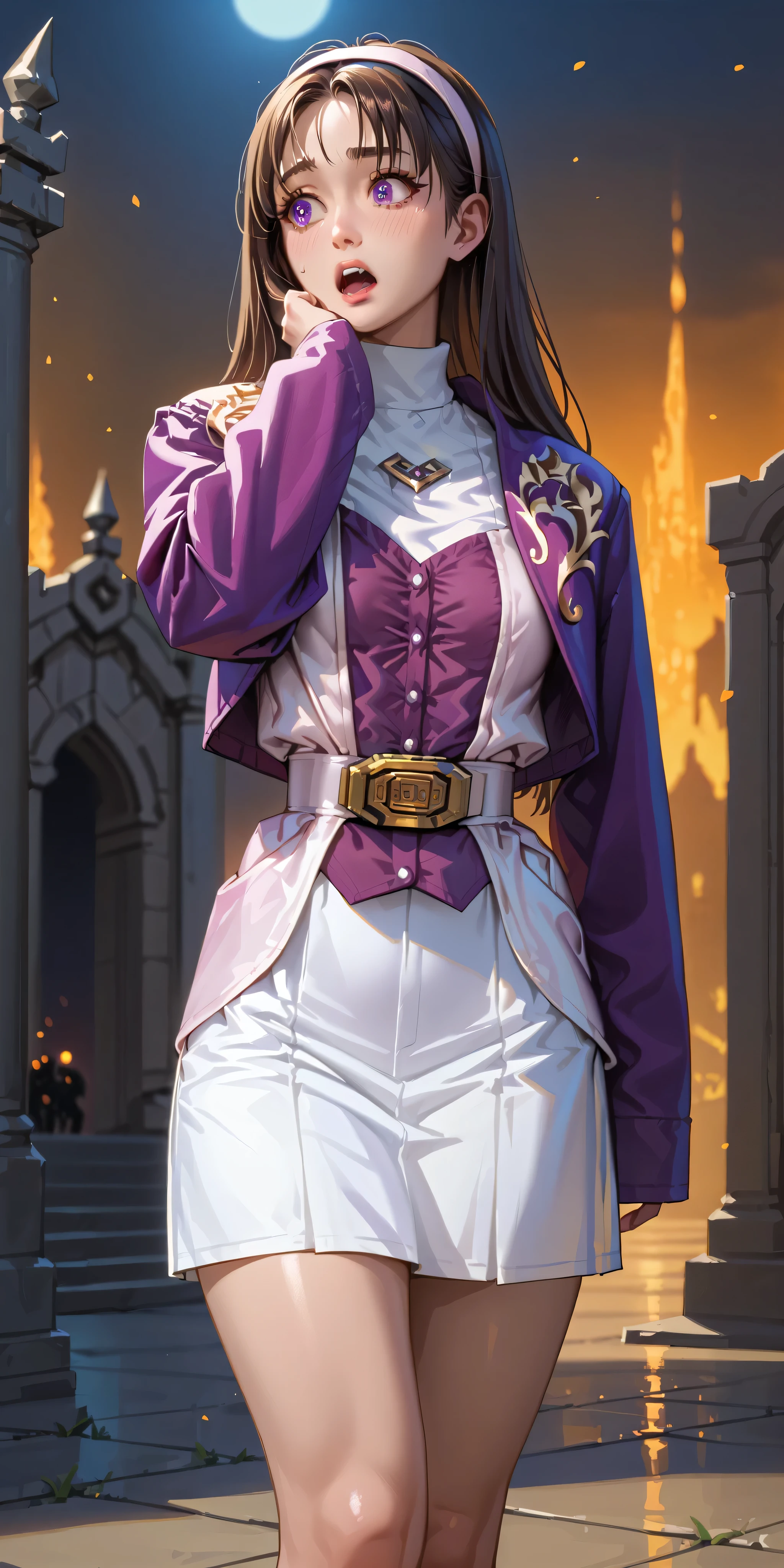 Purple colored hair,The white hooded cape has a capital letter of JL on it,Uma personagem feminina,Red and white elbow gloves,sideface,red color eyes,Shining sword in hand,cow boy shot,Beautiful 8k wallpapers