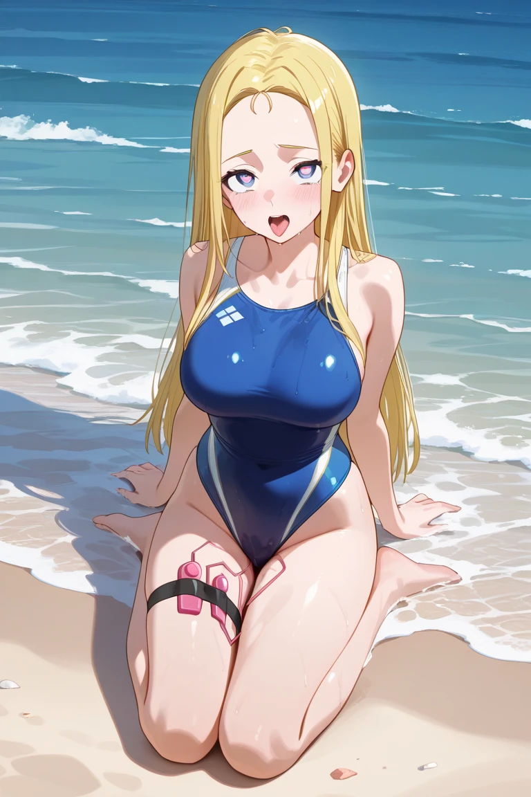 Asuna (Blue Archive), 1 female, solo, long hair, breasts, looking at viewer, blushing, bangs, blue eyes, ribbon, belly button, swimsuit, string swimsuit, V-shaped string swimsuit, V-shaped one piece swimsuit, hair ribbon, thighs, outdoors, sky, barefoot, alternative costume, daytime, clouds, water, stomach, beauty mark, hair over one eye, blue sky, wet, minimal cover monokini micro V-shaped G-string one piece swimsuit, ocean, halo, beach, squatting, light brown hair, blue minimal cover monokini micro V-shaped G-string one piece swimsuit, partially visible vulva, accentuated breasts