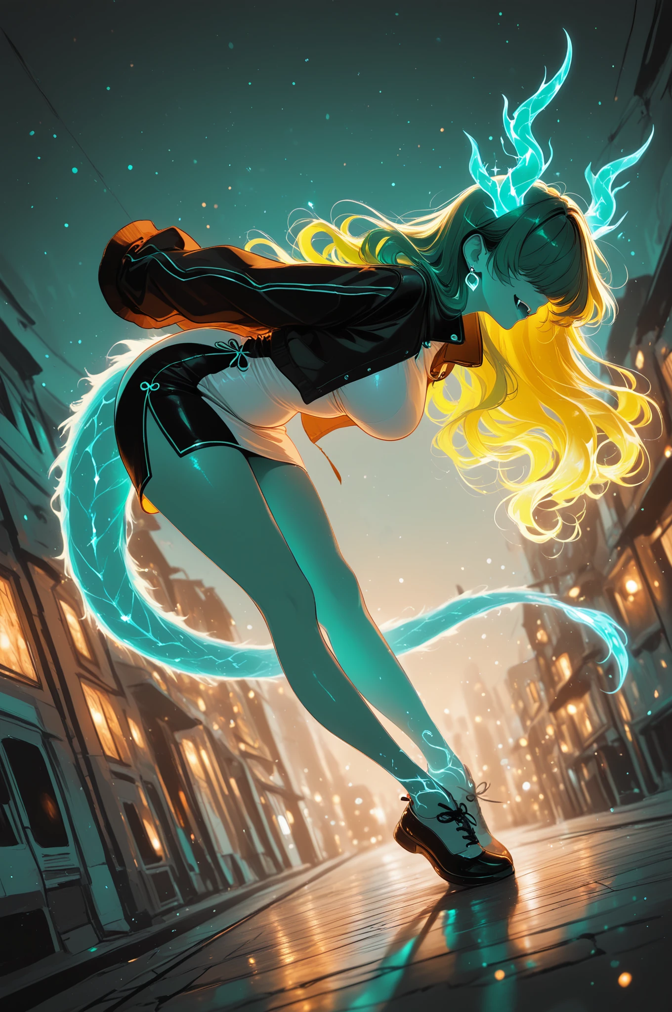 ethereal glowing, neon trim, shadow, backlighting, Ethereal Glow, glowing, ethereal,xneocyan, abstract, limited palette, flat colors, minimalist style, masterpiece, best quality, ultra-high quality, dark, high contrast, vibrant colors, soft, cinematic, cinematic lighting, cinematic shadows, 1girl, gradient hair, green hair to yellow hair, very long hair, wavy hair, hair over eyes, covered eyes, eyes, , petite, curvy, very cute, dragon girl, dragon horns, dragon tail, jewelry, earrings, chinese style clothes, black jacket, sleeves past fingers, sleeves past wrists, sleeveless, high collar, two-tone dress, white dress, short black skirt, shoes, aqua theme, arms behind back, city street, glowing, glowing_effect, sparkling, particles, sparkle_effect, light_particles, glitter, glitter_effect, bokeh, light_bokeh, light_reflection, leaning forward, smile, fangs, dynamic pose, dynamic composition, dynamic shot, dynamic angle, side view, from below, foreshortening, foreground, blurry foreground,