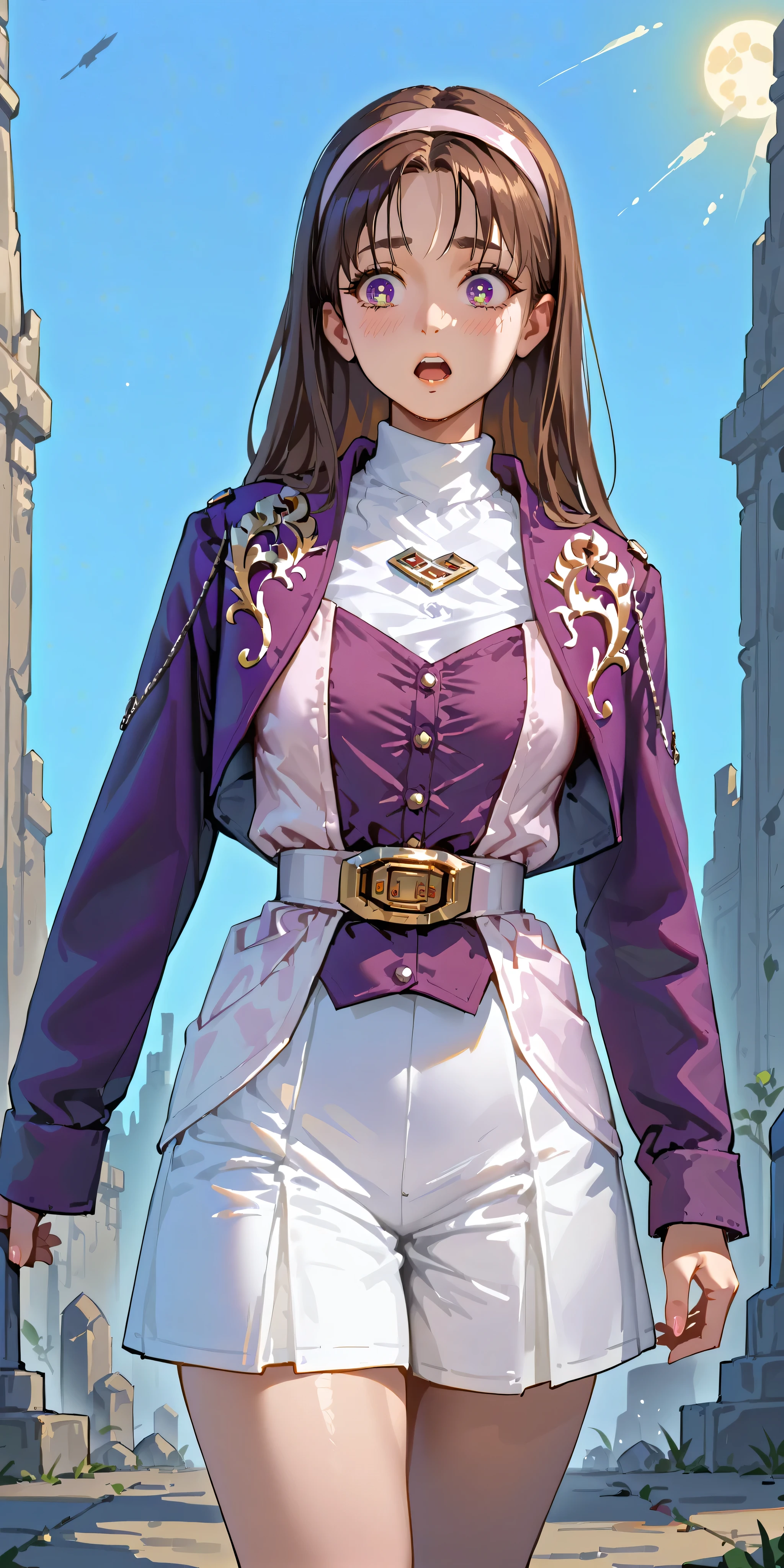 (High definition CG), (top quality),Cemetery,Spooky cave,run away,((1 woman in the body)),perfect face, wide hips, thin waist, ,purple bolero jacket that opens your eyes and mouth just a little,(((white skirt))),long sleeve, Pink Belt, straight and long hair , brown hair, anxious expression,