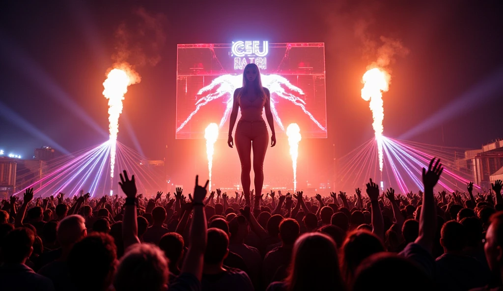 A woman's gaze in the background, while a woman fell from space into an electronic music concert and with the word of Sbagliato on the concert screens, while a planet explodes and a bottle of whiskey is opened by a DJ in the middle of a concert