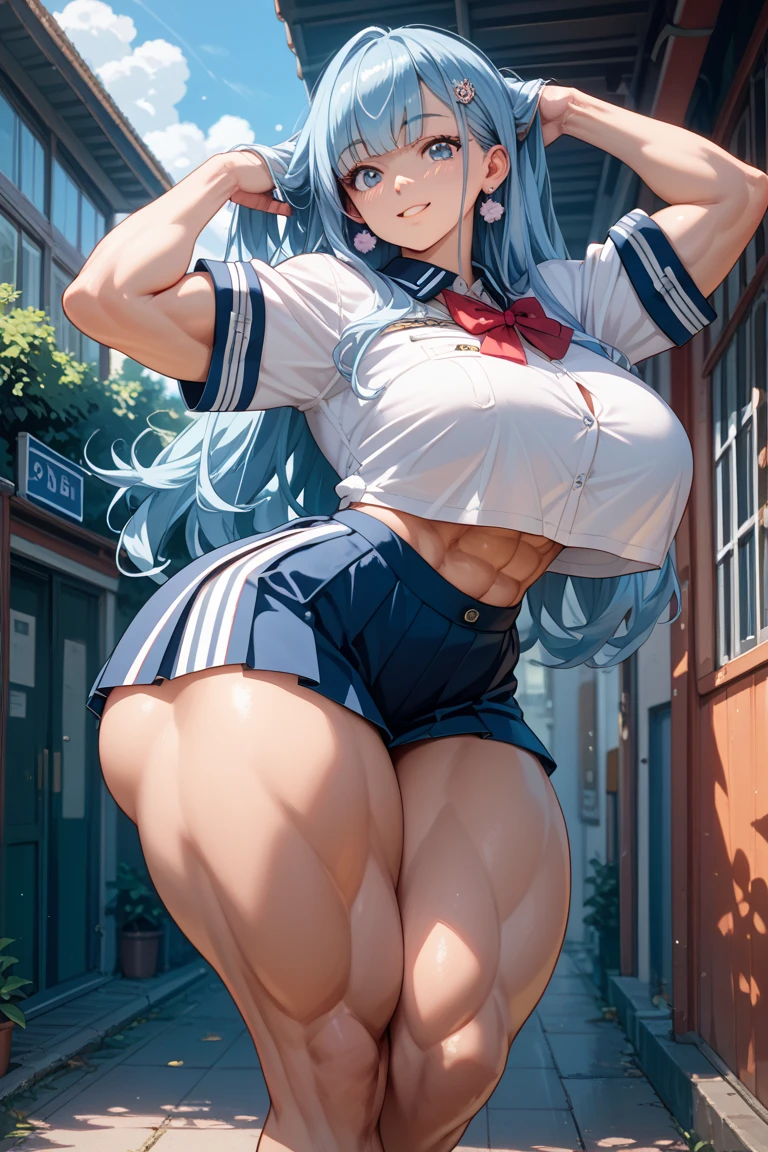 anime girl in short shorts and a white shirt posing for a picture, (sfv) safe to work, 2 b, 2b, New Xiangcheng, Kantai collection style, thicc, [ 4 K digital art ]!!, Honest, trending on cgstation, seductive anime girls, Female protagonist 👀 :8, perfectly shaded body, Clothing that exposes，Big abs，All muscular legs