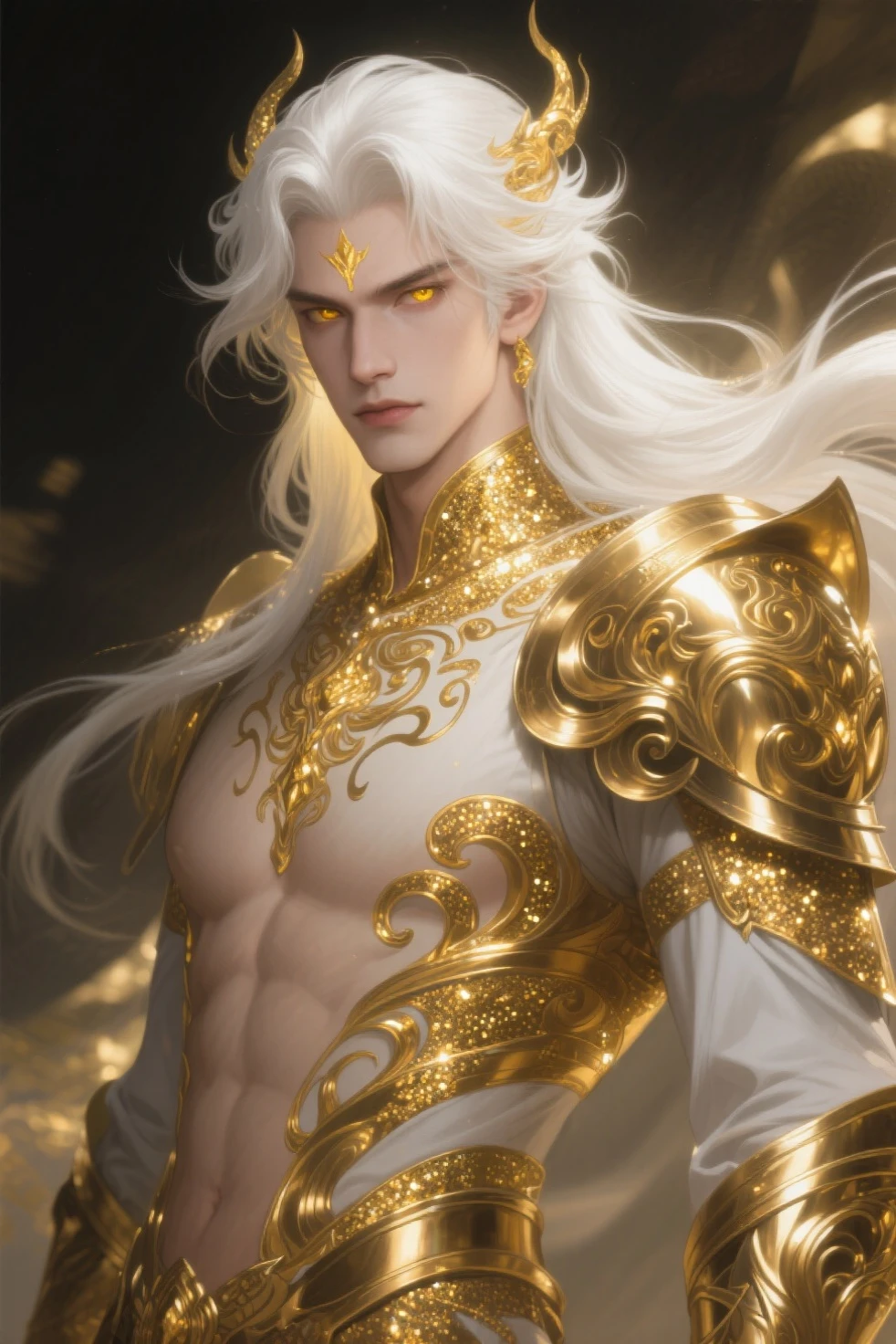 Dios del sol, angry man with appearance of muscular humanoid white lion and blonde mane with yellow eyes 
