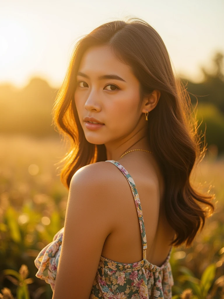 ((NSFW)), 8k, raw photo, best quality, high resolution, photorealistic, walking in a wheat field, in flowery dress, hair tied with bun, beautiful detailed face, detailed, high resolution, realistic, photorealistic, full body , head to toe, legs, dark skin, pores, wrinkles, extremely detailed CG unity 8k wallpaper), photo of the most beautiful work of art in the world, majestic professional (photographed: Steve McCurry), 8k uhd , DSLR, soft lighting, high quality, film grain, sharp focus Fujifilm XT3, f5.6, high details, sharpness, spectacular, (looking at the viewer: 1.2), (natural light),